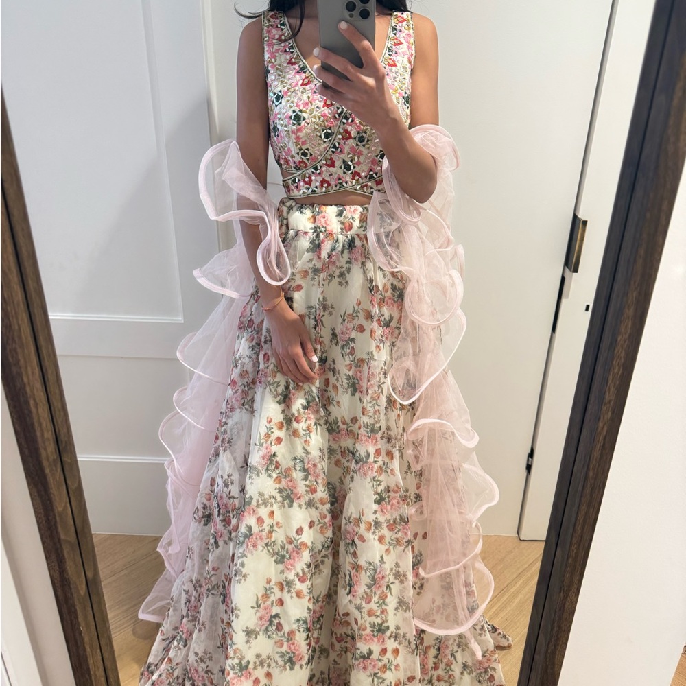 Floral Pink Lehenga with Mirror Work Blouse and Ruffle Dupatta